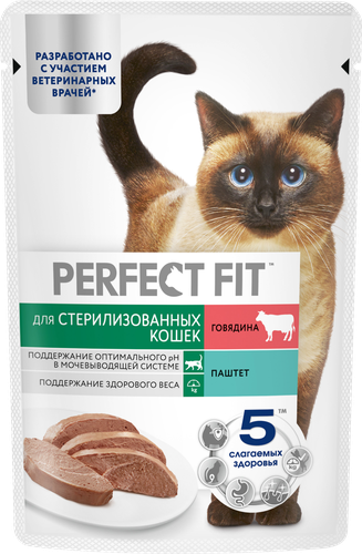 Корм консервированный для взрослых кошек PERFECT FIT Sterile паштет с говядиной, для стерилизованных, 75г, картинка