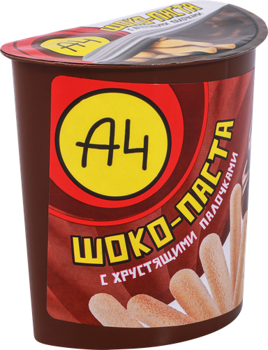 Паста шоколадно-ореховая А4 с хлебными палочками, 52г, крупный план