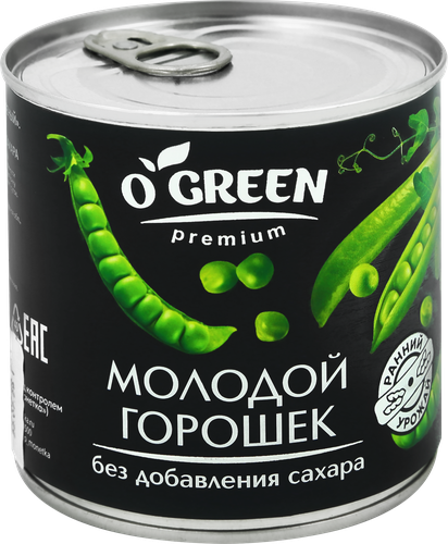 Горошек O`GREEN Premium молодой, без сахара, 400г, детальное фото