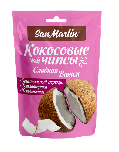Кокосовые чипсы SAN MARTIN Ассорти №4 (Ваниль, Карамель) п/п 40г., фотография