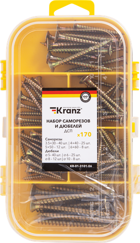 Набор саморезов и дюбелей для дсп KRANZ 4х8,5х15мм, Арт. KR-01-3101-06, 170шт, вид