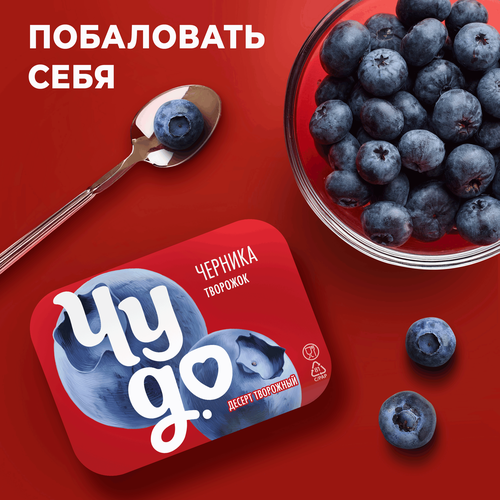 Десерт творожный ЧУДО Творожок взбитый двухслойный Черника 4,2%, без змж, 100г, крупный план