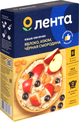 Каша овсяная ЛЕНТА Ассорти, с яблоком, с изюмом, с черной смородиной, 6х40г, детальное фото