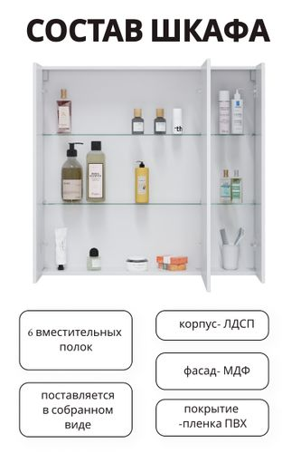 Зеркальный шкаф Мирра навесной 72x80 см белый, вид