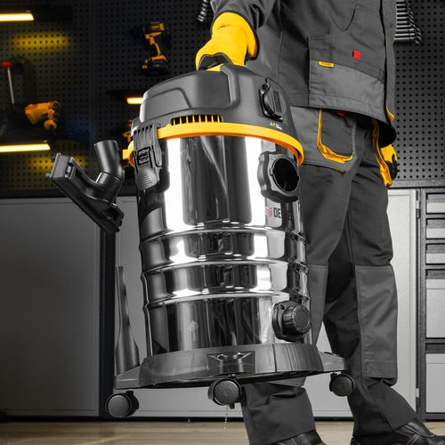 Пылесос строительный RVC30, 1400 Вт, бак 30 л, шланг 3 м, розетка с автосинхр. Denzel, крупный план