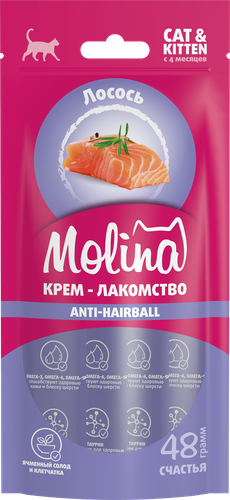 Лакомство для кошек MOLINA с лососем для выведения комков шерсти из желудка, 48г, крупный план