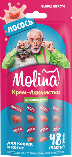 Лакомство для кошек MOLINA с лососем для выведения комков шерсти из желудка, 48г, крупный план