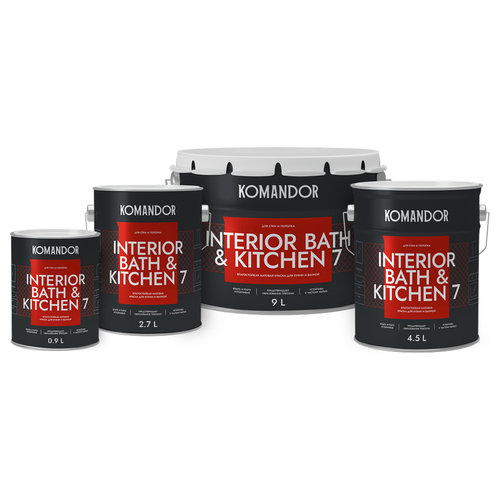 Краска влагостойкая матовая KOMANDOR INTERIOR BATH&KITCHEN 7 БАЗА A 0,9 Л, крупный план