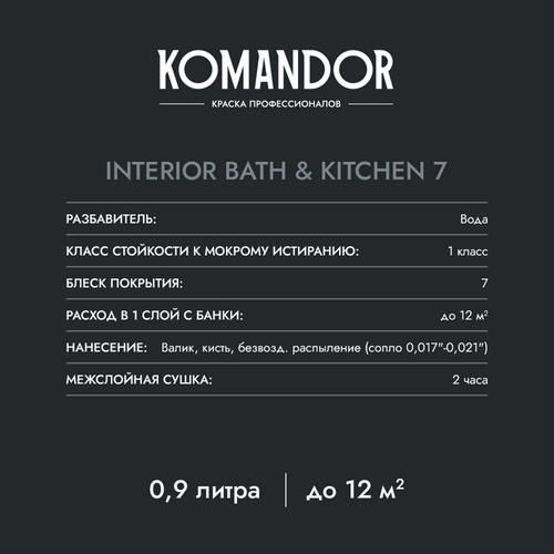 Краска влагостойкая матовая KOMANDOR INTERIOR BATH&KITCHEN 7 БАЗА A 0,9 Л, фотография