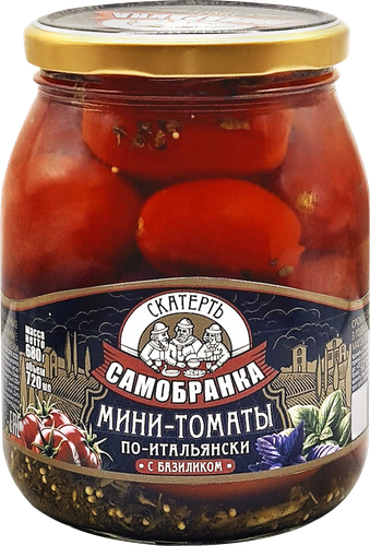 Мини-томаты маринованные СКАТЕРТЬ-САМОБРАНКА По-итальянски с базиликом, 680г, изображение