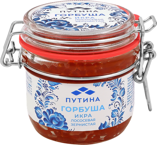Икра горбуши соленая ПУТИНА лососевая зернистая, 240г, крупный план