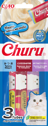 Лакомство для кошек INABA Чао чуру Тунец кацуо, куриное филе и говядина, тунец магуро и лобстер, 42г, изображение