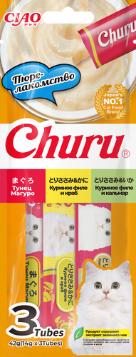 Лакомство для кошек INABA Чао чуру Тунец магуро, куриное филе и краб, куриное филе, кальмар, 42г, детальное фото