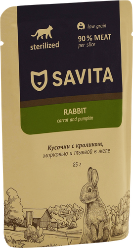 Корм консервированный для кошек SAVITA с кроликом и овощами в желе, 85г, фотография