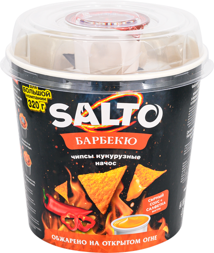 Чипсы кукурузные SALTO Nachos Барбекю+сырный соус, 320г, крупный план