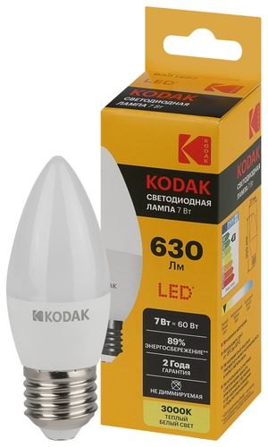 Светодиодная лампа Kodak LED KODAK E27 7W 830 B35 свеча теплый белый свет, фото