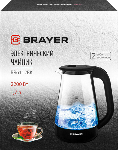 Чайник электрический BRAYER 2200 Вт, 1.7л, стеклянный корпус, автоотключение, Арт. BR6112BK, вид