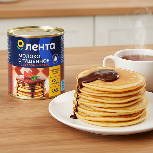 Молоко сгущенное ЛЕНТА с сахаром и какао 7,5%, без змж, ГОСТ, 370г, картинка