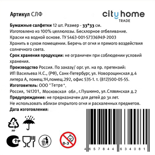 Салфетки бумажные CITY HOME TRADE 33х33см Уютный дом Зима, Арт. NP33BL, 12шт, изображение