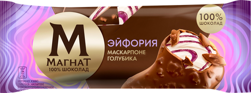 Мороженое МАГНАТ Эйфория, сливочное с маскарпоне и соусом из голубики в молочном шоколаде с вафельной крошкой 8%, без змж, эскимо, 70г, фото