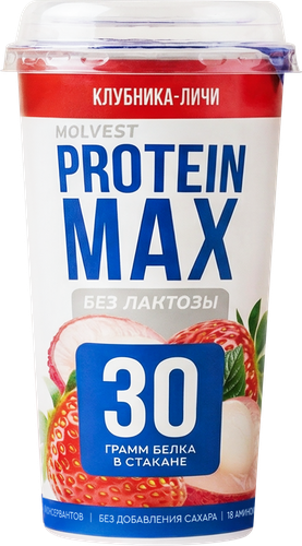 Напиток кисломолочный MOLVEST Protein max Клубника, личи высокобелковый обезжиренный без лактозы, 240г, детальное фото