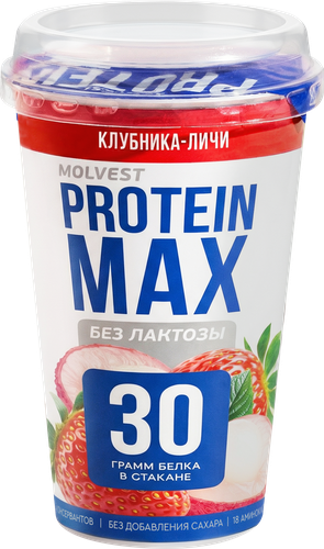 Напиток кисломолочный MOLVEST Protein max Клубника, личи высокобелковый обезжиренный без лактозы, 240г, детальное фото