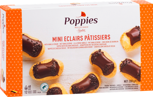 Мини-эклеры замороженные POPPIES Патисьер, со взбитыми сливками и баварским кремом, в шоколадной глазури, 200г, детальное фото