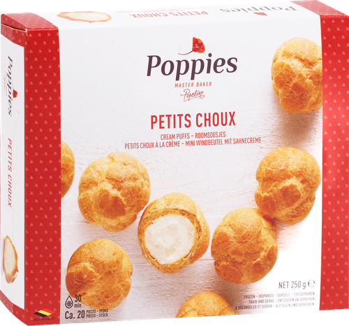 Профитроли замороженные POPPIES из заварного теста с кремовой начинкой, 250г, крупный план
