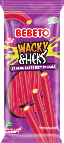 Мармелад жевательный BEBETO Wacky sticks banana&raspberry pencils со вкусом малины и банана, 160г, картинка