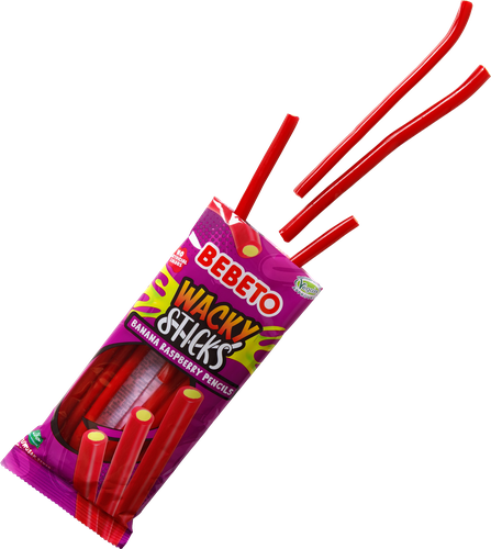 Мармелад жевательный BEBETO Wacky sticks banana&raspberry pencils со вкусом малины и банана, 160г, фотография