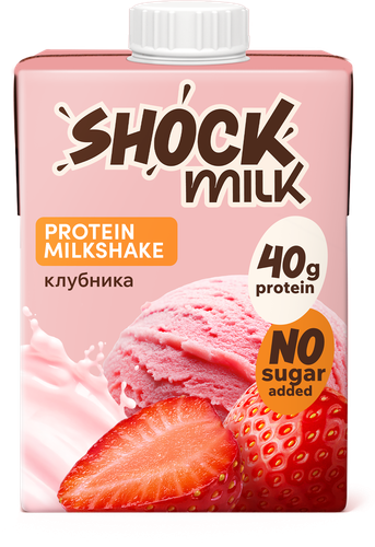 Коктейль молочный ультрапастеризованный SHOCK MILK Клубника высокобелковый обезжиренный, 480мл, картинка