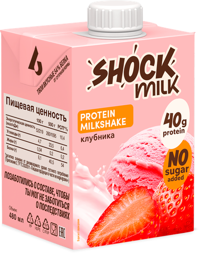 Коктейль молочный ультрапастеризованный SHOCK MILK Клубника высокобелковый обезжиренный, 480мл, детальное фото
