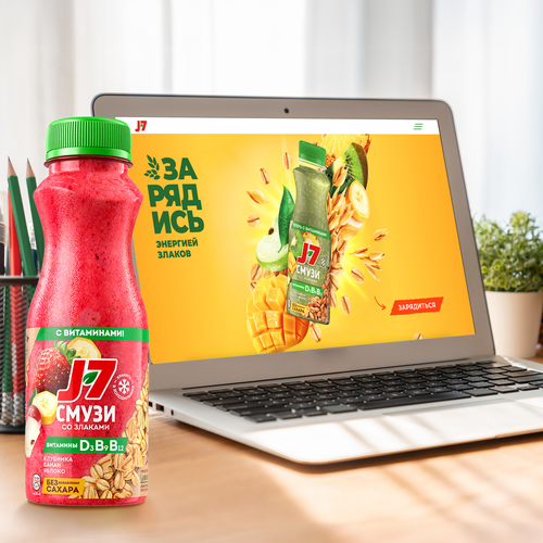 Продукт питьевой J7 Смузи Клубника, банан, яблоко со злаками с витаминами, 300мл, картинка