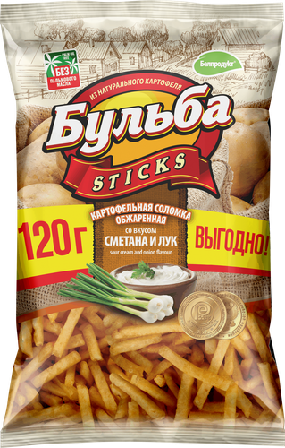 Чипсы картофельные БУЛЬБА STICKS Соломка из цельного картофеля со вкусом сметаны и лука, 120г, фото