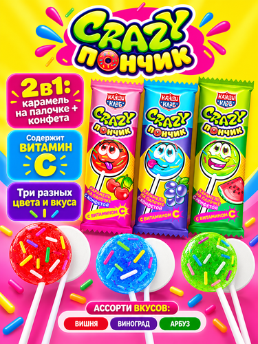 Карамель КАНДИ КЛАБ Crazy Пончик ассорти, на палочке, 10г, картинка