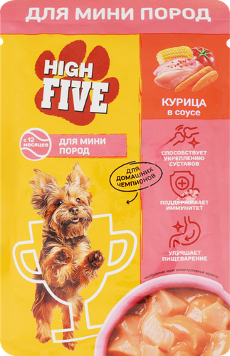 Корм консервированный для собак HIGH FIVE с курицей в соусе, для мелких пород, 85г, крупный план