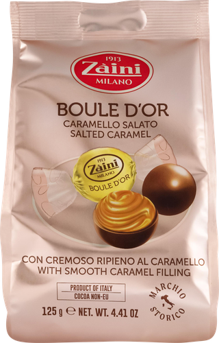 Конфеты шоколадные ZAINI Boule d'or из молочного шоколада с кремом соленая карамель, 125г, фотография