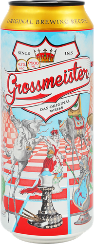 Напиток пивной светлый GROSSMEISTER Das Original Weiss пшеничный нефильтрованный пастеризованный неосветленный 4,7%, 0.5л, фотография