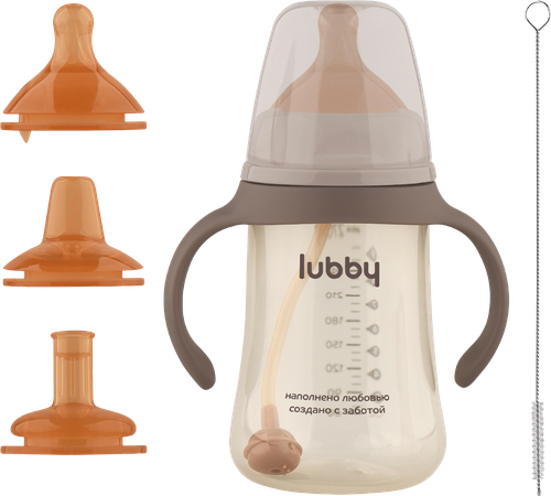 Поильник-непроливайка LUBBY 3в1 300мл, со сменным носиком, трубочкой и молочной соской, с ершиком, с 0 месяцев, Арт. 35253, фото