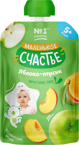 Пюре фруктовое МАЛЕНЬКОЕ СЧАСТЬЕ Яблоко-Персик, с 5 месяцев, 90г, изображение