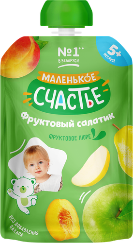 Пюре фруктовое МАЛЕНЬКОЕ СЧАСТЬЕ Фруктовый салатик, с 5 месяцев, 90г, крупный план