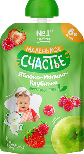 Пюре фруктовое МАЛЕНЬКОЕ СЧАСТЬЕ Яблоко-Малина-Клубника, с 6 месяцев, 90г, вид