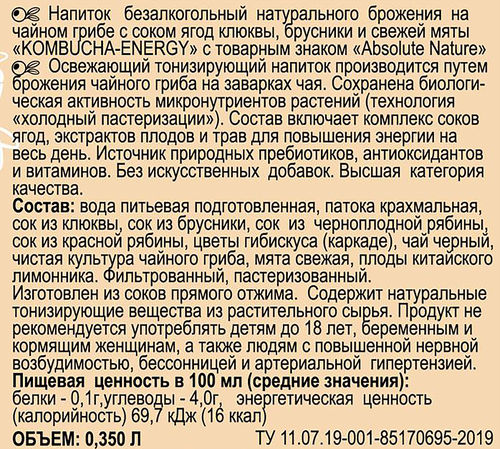 Напиток ABSOLUTE NATURE Kombucha-Energy Клюква, брусника, мята, 0.35л, картинка