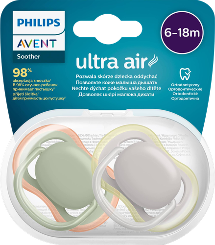 Пустышка PHILIPS AVENT Ultra Air, зеленая/серая без рисунка, с 6 до 18 месяцев, 2шт, фото