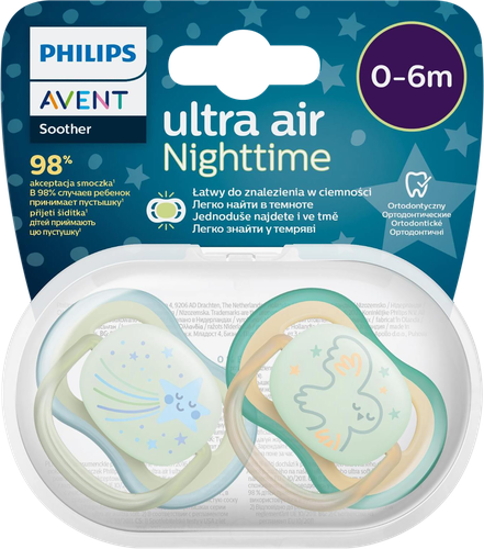 Пустышка PHILIPS AVENT Ultra Air ночная, звезда/сова, с 0 до 6 месяцев, 2шт, крупный план