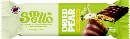 Батончик SMELLO с начинкой из сушеной груши в темном шоколаде, 42г, крупный план