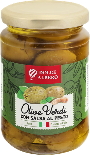 Оливки зеленые фаршированные DOLCE ALBERO с песто, 314мл, крупный план