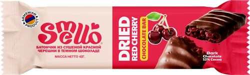 Батончик SMELLO с начинкой из сушеной красной черешни в темном шоколаде, 42г, крупный план