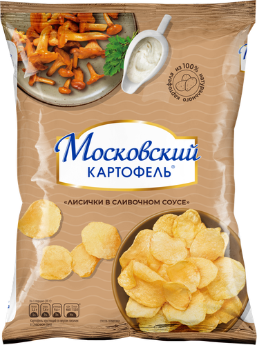 Чипсы картофельные МОСКОВСКИЙ КАРТОФЕЛЬ Хрустящие со вкусом лисичек в сливочном соусе, 70г, крупный план