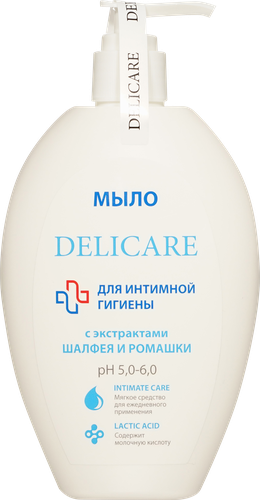 Мыло для интимной гигиены DELICARE с экстрактами шалфея и ромашки, 300мл, крупный план